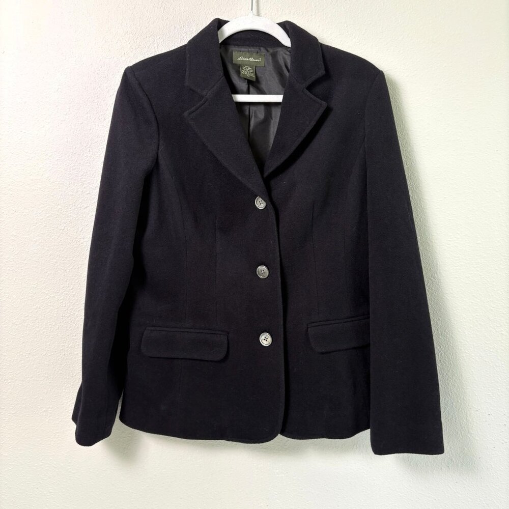 Eddie Bauer Button Front Coat Womens Size M Black Wool Rabbit Hair Blazer
